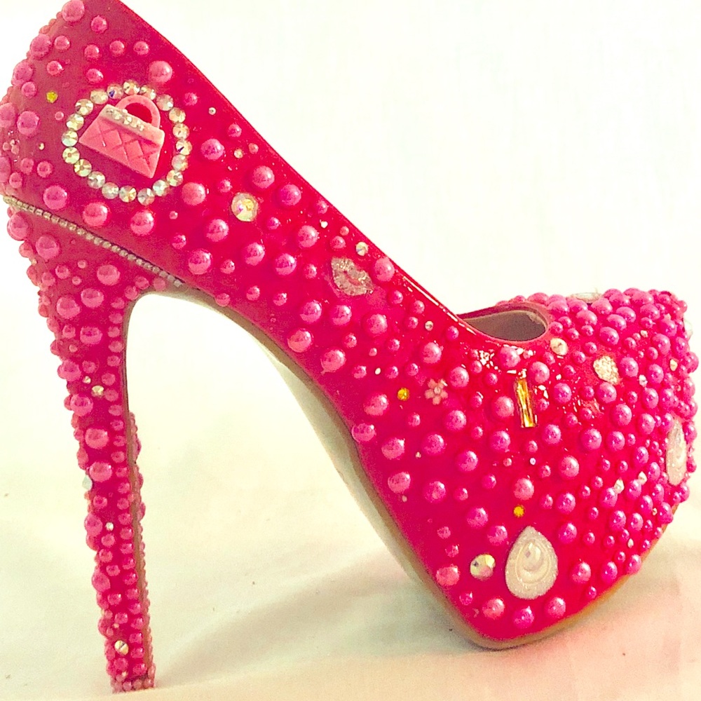 Pink Beaded Crystal Rhinestones Platform Pumps